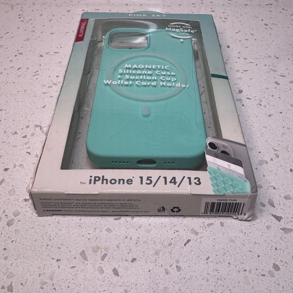 Pink Sky Magnetic Silicone Case Wallet Holder for iPhone 15 14 13 Teal MagSafe